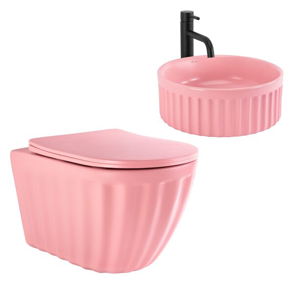 Súprava: Závesná WC misa + Umývadlo na dosku Rea Light Pink Matt