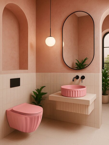 Súprava: Závesná WC misa + Umývadlo na dosku Rea Light Pink Matt