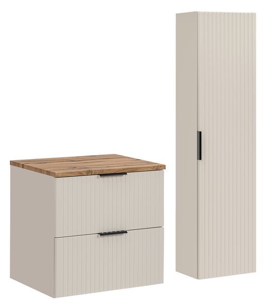 Comad Set kúpeľňového nábytku Adel Cashmere 60 kašmír mat s vysokou skrinkou so zásuvkami doska dub wotan