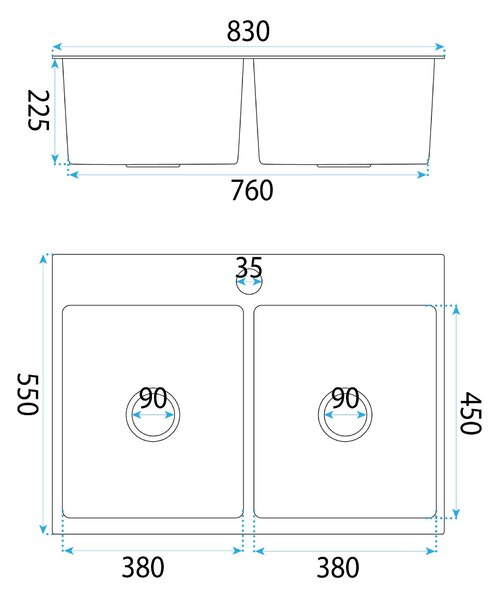 Rea Joel, 2-komorový nerezový drez 830x550x225 mm, zlatá matná, ZLE-06411