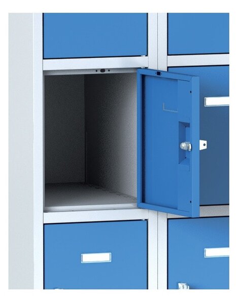 Šatníková skrinka S6 na sokli s úložnými boxami, 15 boxov, 1920 x 900 x 500 mm, cylindrický zámok, modré dvere