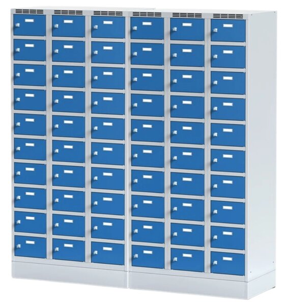 Šatníková skrinka S6 na sokli s úložnými boxami, 30 boxov, 1920 x 900 x 500 mm, otočný zámok, sivé dvere