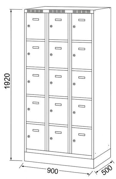 Šatníková skrinka S6 na sokli s úložnými boxami, 15 boxov, 1920 x 900 x 500 mm, cylindrický zámok, modré dvere