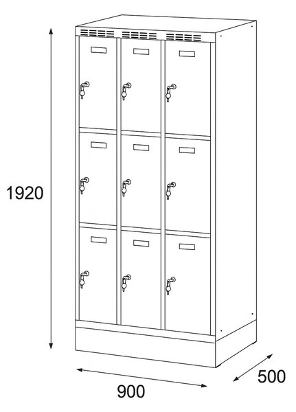 Šatníková skrinka S6 na sokli s úložnými boxami, 9 boxov, 1920 x 900 x 500 mm, cylindrický zámok, sivé dvere