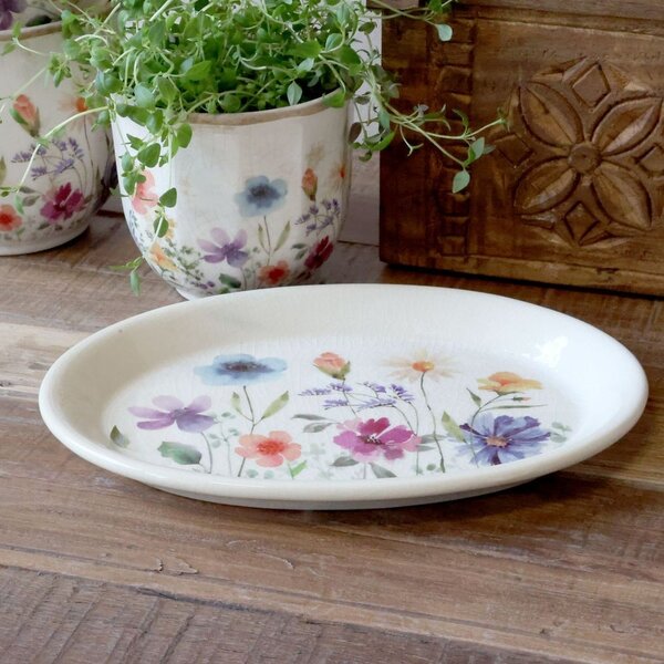 Béžový antik keramický podnos s kvetmi Fleurville - 25*18*2 cm - Chic Antique