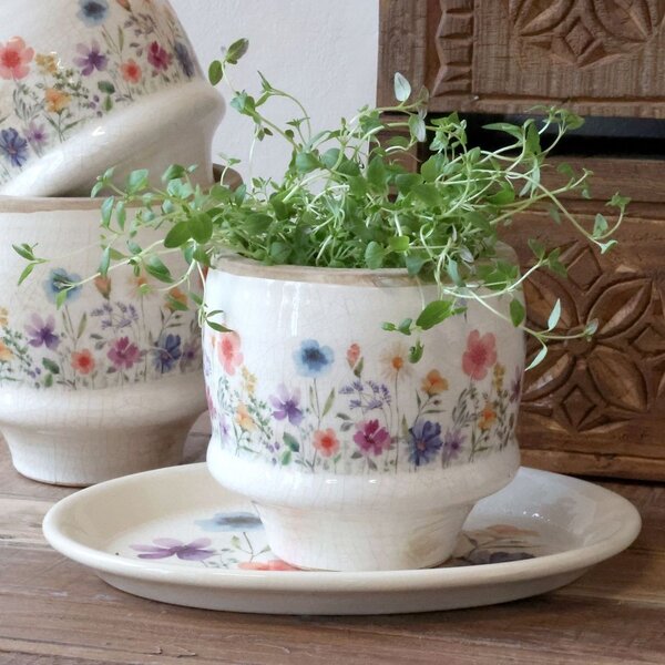 Béžový antik keramický obal kvetináč s kvetmi Fleurville S - Ø 12*10 cm - Chic Antique