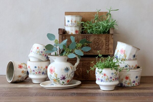 Béžový antik keramický obal kvetináč s kvetmi Fleurville S - Ø 12*10 cm - Chic Antique