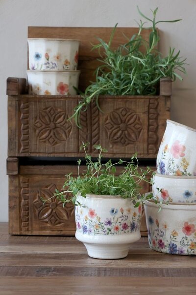 Béžový antik keramický obal kvetináč s kvetmi Fleurville S - Ø 12*10 cm - Chic Antique