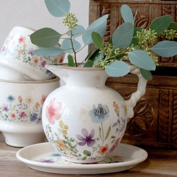 Béžový antik keramický džbán s kvetmi Fleurville - 20,5 * 18,5 cm - Chic Antique