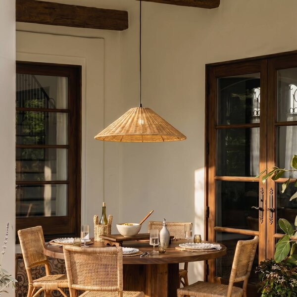 Lucande Vonkajšia závesná lampa Taniola, 1-pl., kužeľovitá, Ø 60 cm, Tmavé drevo, Drevo, Vidiecky / Rustikálny, Závesné svietidlo