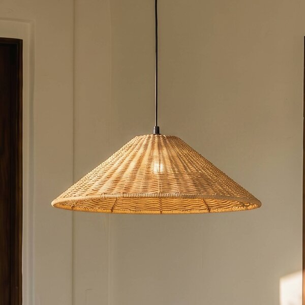 Lucande Vonkajšia závesná lampa Taniola, 1-pl., kužeľovitá, Ø 60 cm, Tmavé drevo, Drevo, Vidiecky / Rustikálny, Závesné svietidlo