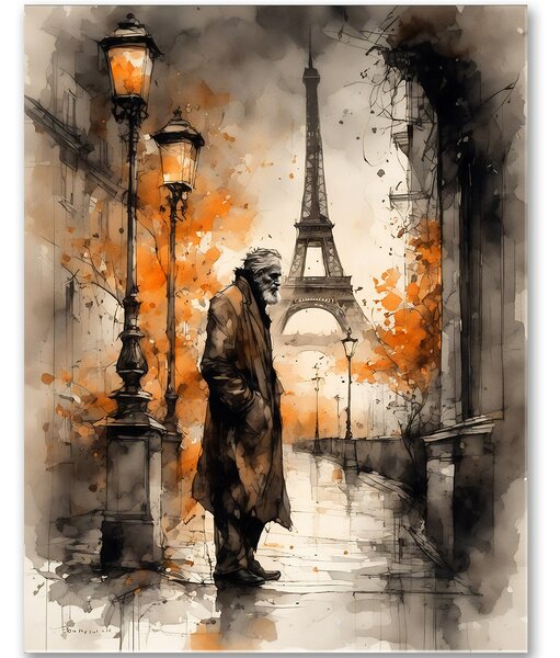 Jesenný večer v Paríži – portrét starého muža pod Eiffelovou vežou 30x40cm