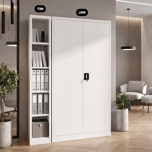 Úzky kovový archivačný regál na dokumenty biely, 250x1850x600 mm: TIM