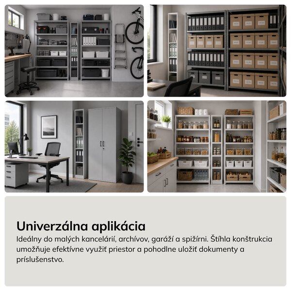 Úzky kovový archivačný regál na dokumenty sivý, 250x1850x600 mm: TIM