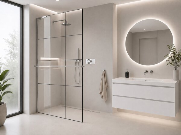 CERANO - Sprchová zástena Walk-in Onyx L-ľavá vzpera - 8 mm + polička / držiak na uteráky - chróm, industriálne sklo - 90x200 cm