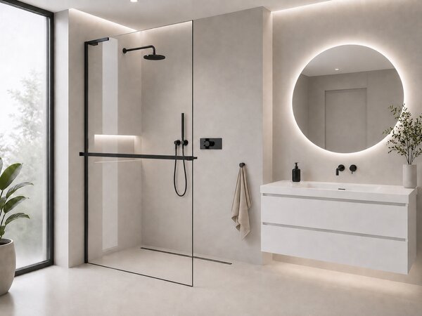 CERANO - Sprchová zástena Walk-in Onyx L-ľavá vzpera + polička/držiak na uteráky - 8 mm - čierna matná, transparentné sklo - 40x200 cm