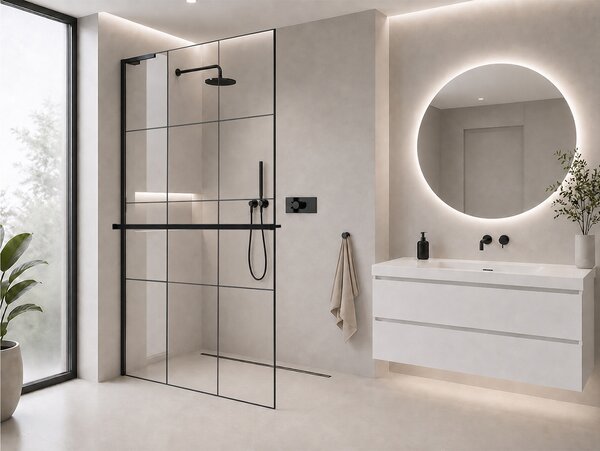 CERANO - Sprchová zástena Walk-in Onyx L-ľavá vzpera - 8 mm + polička / držiak na uteráky - čierna matná, industriálne sklo - 90x200 cm