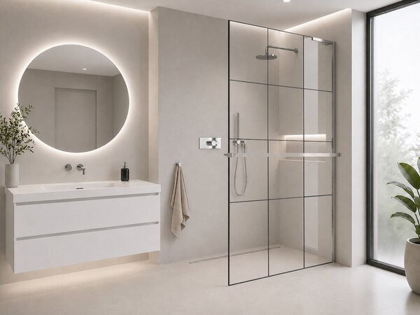 CERANO - Sprchová zástena Walk-in Onyx L-pravá vzpera - 8 mm + polička/držiak na uteráky - chróm, industriálne sklo - 90x200 cm
