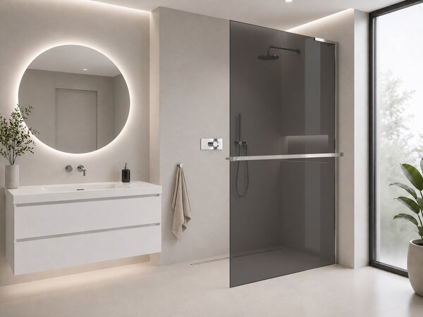 CERANO - Sprchová zástena Walk-in Onyx L-pravá vzpera + polička/držiak na uteráky - 8 mm - chróm, grafitové sklo - 30x200 cm