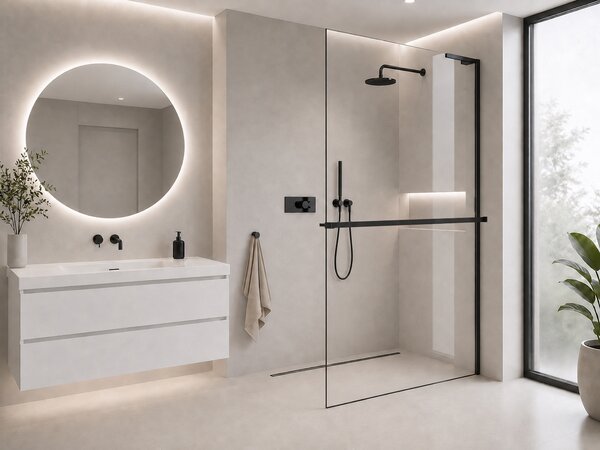 CERANO - Sprchová zástena Walk-in Onyx L-pravá vzpera + polička/držiak na uteráky - 8 mm - čierna matná, transparentné sklo - 40x200 cm
