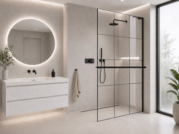 CERANO - Sprchová zástena Walk-in Onyx L-pravá vzpera - 8 mm + polička / držiak na uteráky - čierna matná, industriálne sklo - 90x200 cm