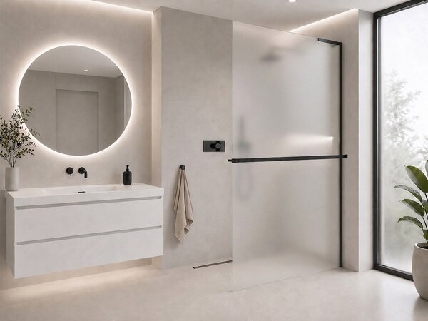 CERANO - Sprchová zástena Walk-in Onyx L-pravá vzpera + polička/držiak na uteráky - 8 mm - čierna matná, mliečne sklo - 30x200 cm