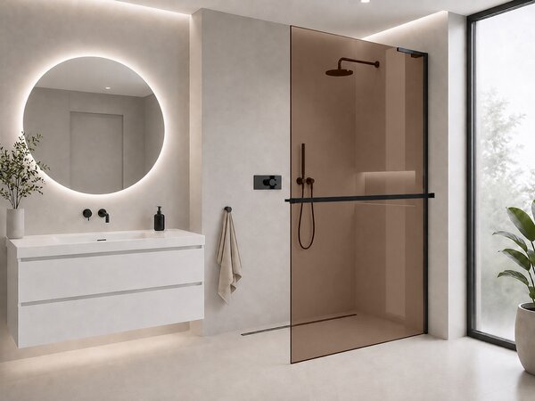 CERANO - Sprchová zástena Walk-in Onyx L-pravá vzpera - 8 mm + polička / držiak na uteráky - čierna matná, bronzové sklo - 50x200 cm
