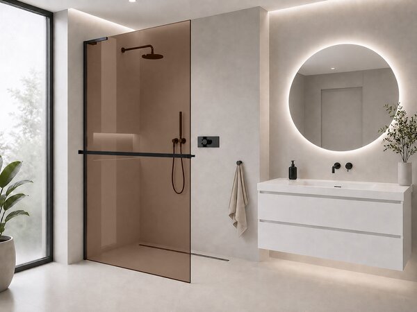 CERANO - Sprchová zástena Walk-in Onyx L-ľavá vzpera - 8 mm + polička / držiak na uteráky - čierna matná, bronzové sklo - 50x200 cm