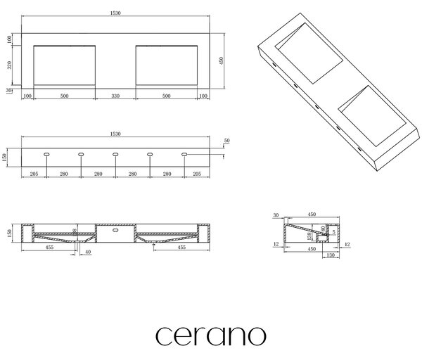 CERANO - Umývadlo z liateho mramoru Piano - nástenné - biela matná - 153x44 cm