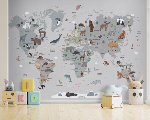Tapety Zvieratá s mapou sveta a názvami krajín, Detské fototapety, u95844 : Uwalls.sk