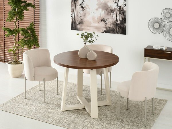 Okrúhly rozkladací jedálenský stôl EWAN orech + krémová podnož 100 cm