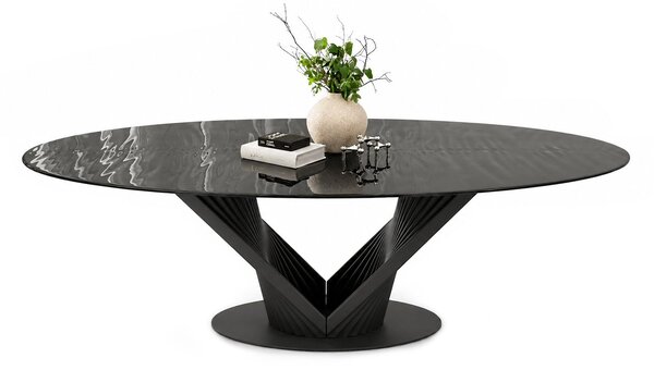 Oválny jedálenský stôl AVENA antracitové sklo fishbone + čierna podnož 250 × 128 cm