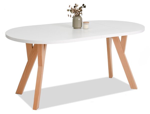 Okrúhly rozkladací jedálenský stôl BORNA biely + buková podnož 100 cm