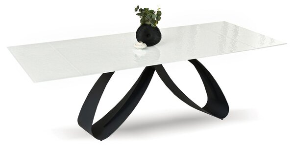 Rozkladací jedálenský stôl AZRA biele sklo + čierna podnož 180 × 95 cm