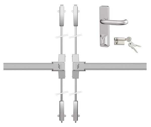 DK - PANIKOVÉ KOVANIE PHB 1000 - 4-bodové zaistenie D2/2H-2D SET D2/2H-2D pre šírku dverného krídla do 1100 mm s max. výškou 2350 mm + kľučka a vložka Strieborná matná