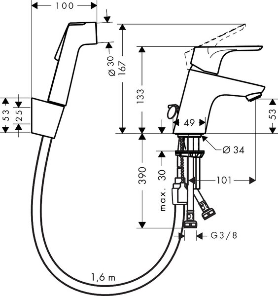 Hansgrohe Focus - Páková umývadlová batéria 70 s ručnou sprchou Bidette a sprchovou hadicou 160 cm, chróm 31926000