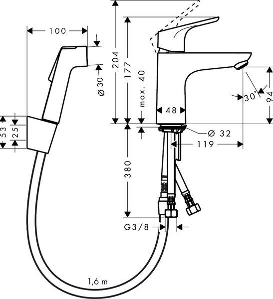 Hansgrohe Focus - Páková umývadlová batéria 100 s ručnou sprchou Bidette a sprchovou hadicou 160 cm, chróm 31927000