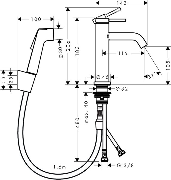 Hansgrohe Tecturis S - Páková umývadlová batéria 110 s ručnou sprchou Bidette a sprchovou hadicou 160 cm, chróm 73211000