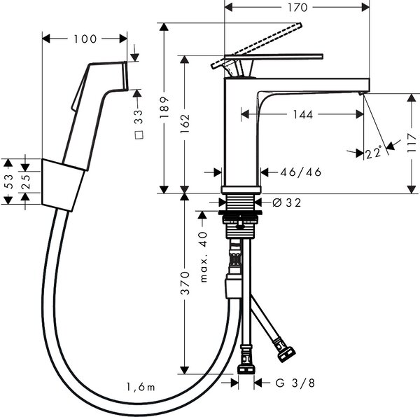 Hansgrohe Tecturis E - Páková umývadlová batéria 110 s ručnou sprchou Bidette a sprchovou hadicou 160 cm, chróm 73210000
