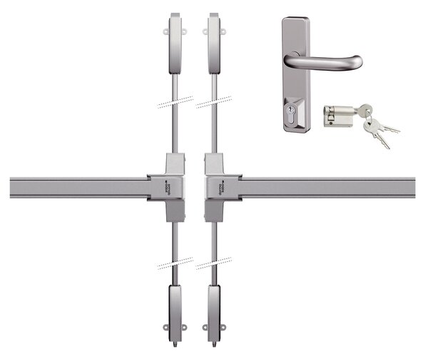 DK - PANIKOVÉ KOVANIE PHB 1000 - 4-bodové zaistenie D2/2H-2D SET D2/2H-2D pre šírku dverného krídla do 1100 mm s max. výškou 2350 mm + kľučka a vložka Nerez matná