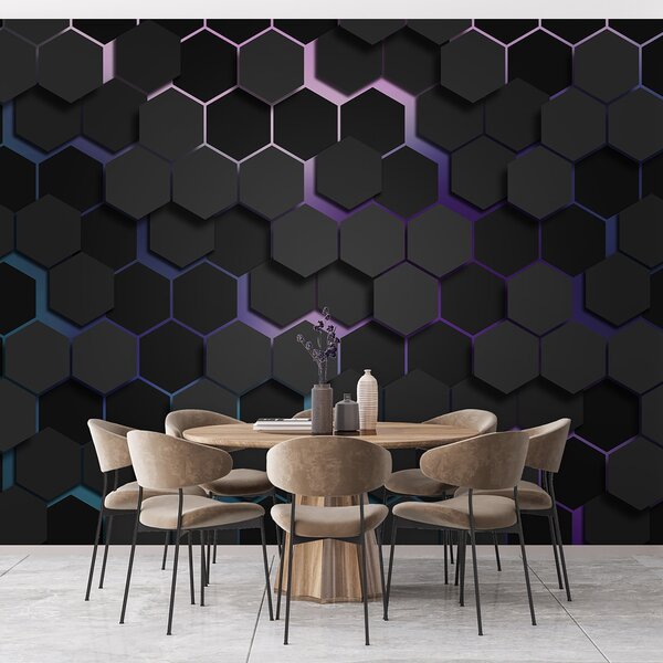 Tapety Čierne šesťuholníky s 3D efektom v čiernej a fialovej farbe, Fototapety abstraktné, u79935v2 : Uwalls.sk