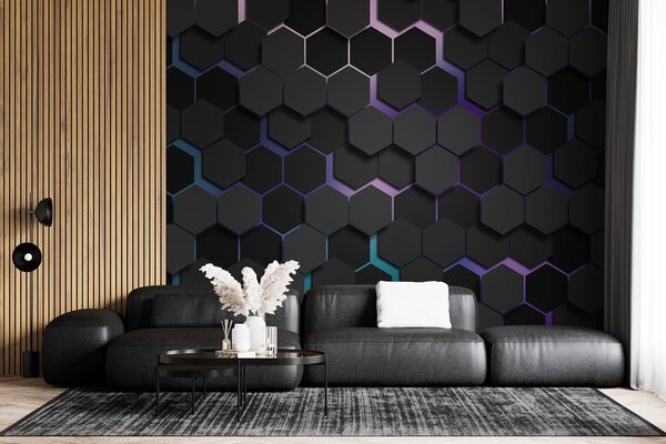 Tapety Čierne šesťuholníky s 3D efektom v čiernej a fialovej farbe, Fototapety abstraktné, u79935v2 : Uwalls.sk