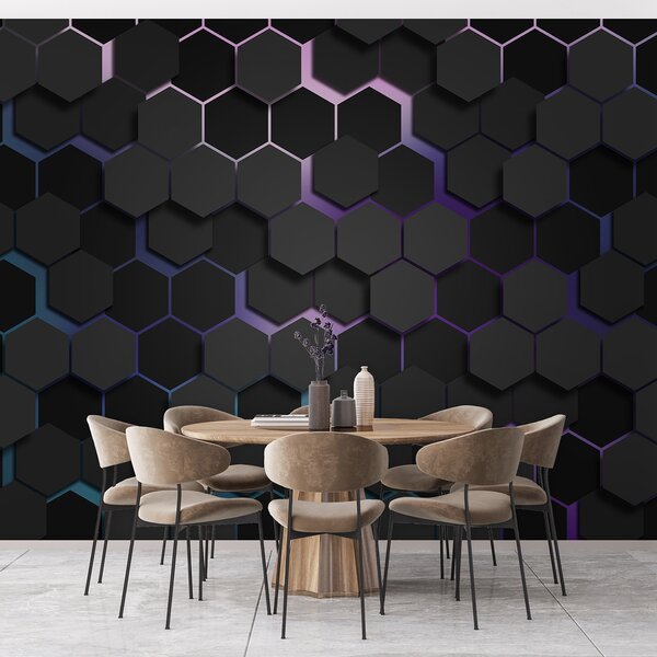 Tapety Čierne šesťuholníky s 3D efektom v čiernej a fialovej farbe, Fototapety abstraktné, u79935v2 : Uwalls.sk