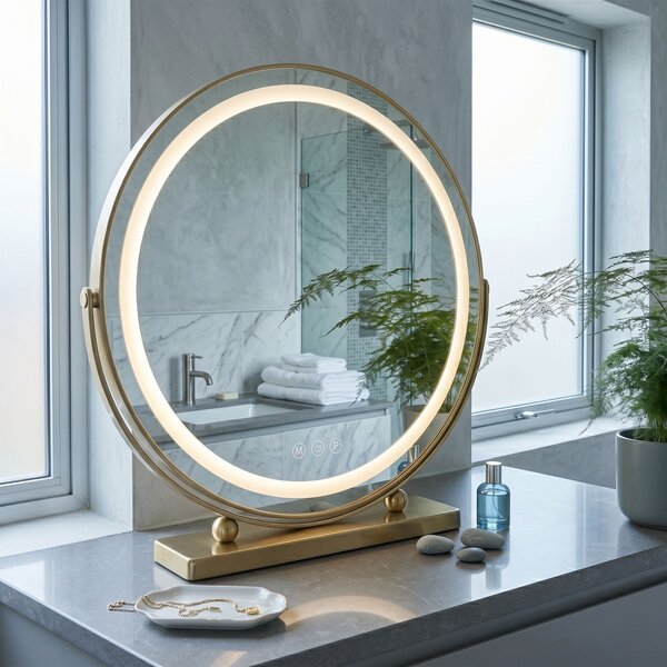 Rea MAKE-UP, kozmetické LED zrkadlo 50 cm, zlatý lesklý rám, HOM-01810