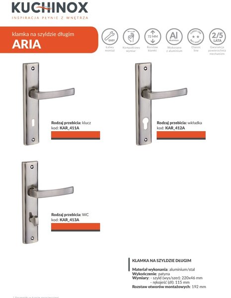 Kuchinox Aria, kľučka na dvere na dlhom kovaní pre cylindrickú vložku, patina, LAV-KAR_412A