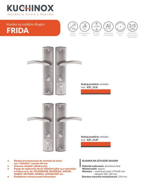 Kuchinox Frida, exteriérová kľučka na dvere na dlhom kovaní pre cylindrickú vložku, ľavá kľučka, satén, LAV-KZC_312L