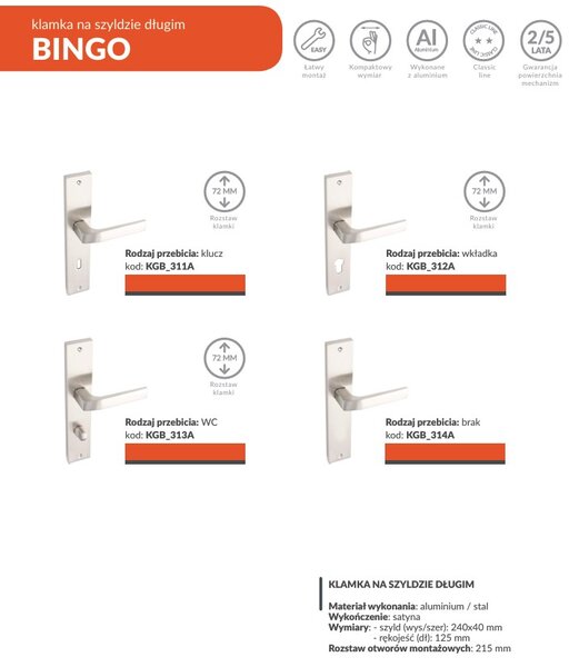 Kuchinox Bingo, kľučka na dvere na dlhom kovaní pre WC zámok, satén, LAV-KGB_313A