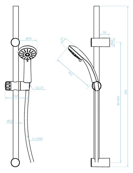 Kuchinox Cento, sprchový stĺp 70 cm s ručnou sprchovou hlavicou, biela, LAV-NKC_61A1