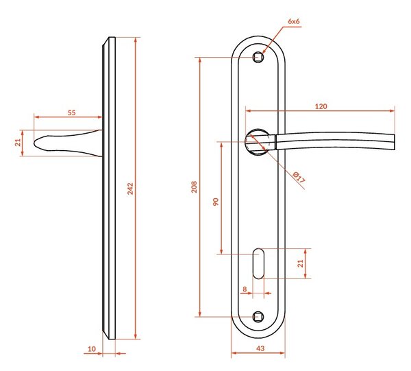 Kuchinox Luxor, kľučka na dvere na dlhom kovaní pre interiérový kľúč, rozteč 90mm, saténová, LAV-KLU_116A