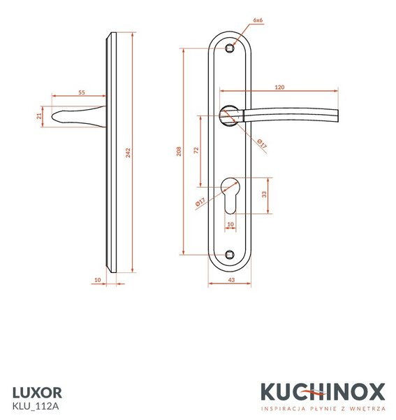 Kuchinox Luxor, kľučka na dvere na dlhom kovaní pre cylindrickú vložku, rozteč 72mm, saténová, LAV-KLU_112A